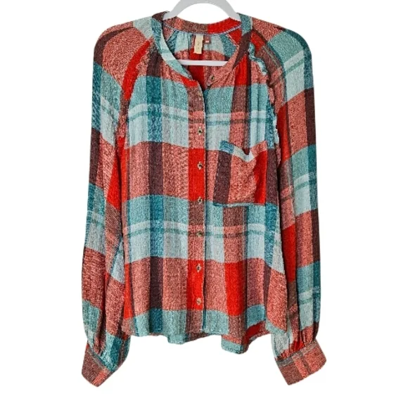 Pilcro Breezy Plaid Button Down Gauzy Rustic Long Sleeve Top M - Picture 4 of 11